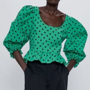 NWT Zara Kelly Green Polka Dot Puff Sleeve Peplum Blouse XSmall